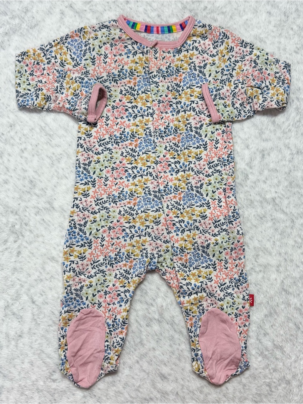 Magnetic Me Pink Floral Ruffle Footie Sleeper 0-3M Baby Girl Modal Navy Rose
